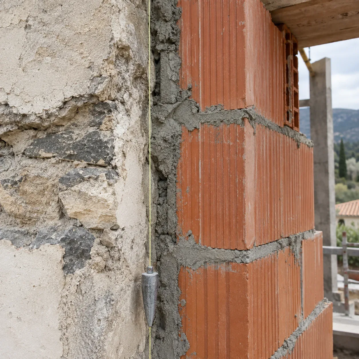 Jonction entre un mur ancien enduit et une nouvelle élévation en briques, fil à plomb en place