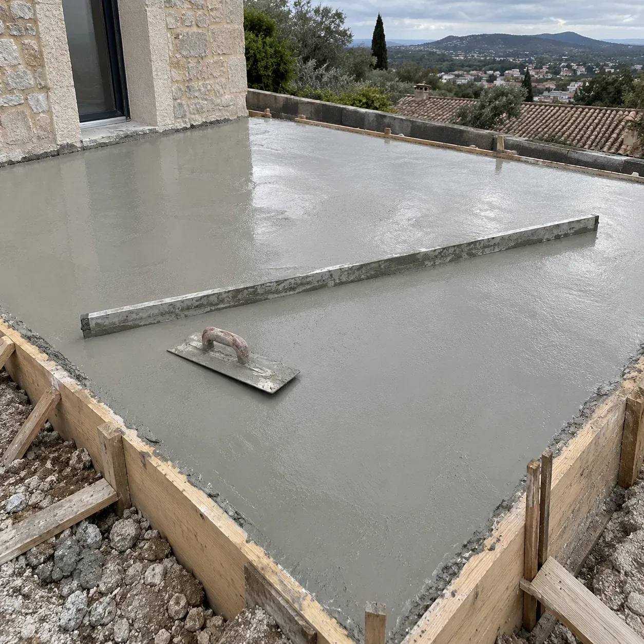 Dalle béton extérieure fraîchement coulée avec règle de maçon et taloche posées dessus